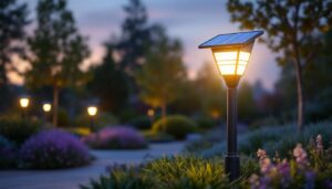 A photograph of a solar-powered bollard light in a landscaped outdoor setting during twilight