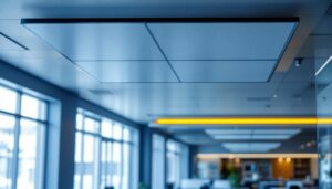 A photograph of a well-designed commercial space featuring sleek led suspended ceiling lighting panels