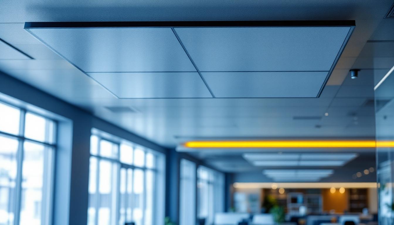 A photograph of a well-designed commercial space featuring sleek led suspended ceiling lighting panels