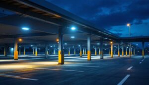 A photograph of a well-lit car parking area at dusk