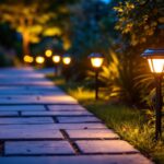 A photograph of a beautifully illuminated pathway featuring hampton bay led solar pathway lights