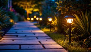 A photograph of a beautifully illuminated pathway featuring hampton bay led solar pathway lights