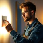 A photograph of a skilled lighting contractor adjusting a modern led light dimmer in a stylishly lit room