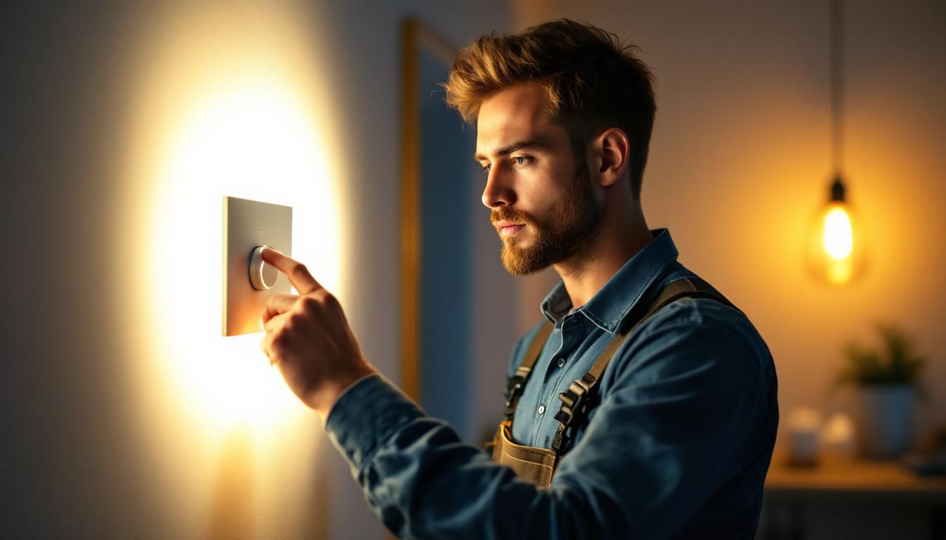 A photograph of a skilled lighting contractor adjusting a modern led light dimmer in a stylishly lit room