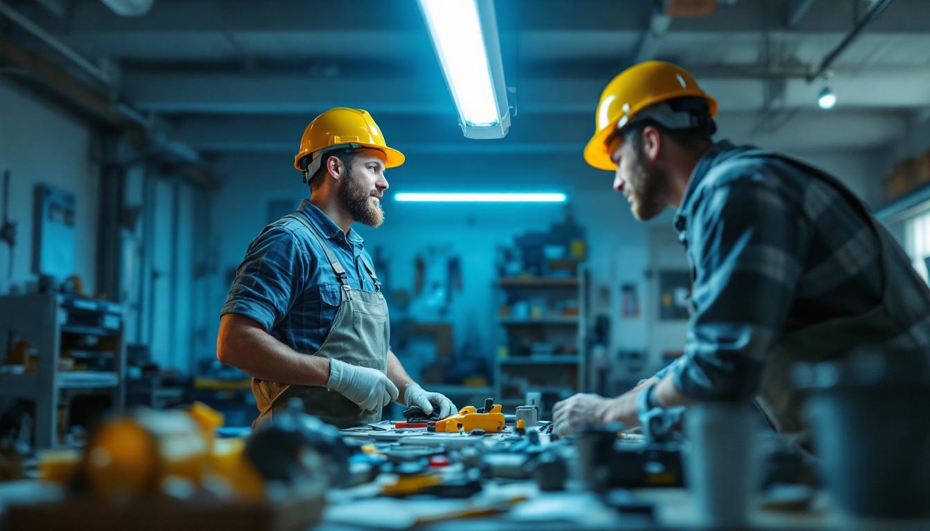 A photograph of a skilled lighting contractor in the process of converting an 8-foot fluorescent light fixture to led