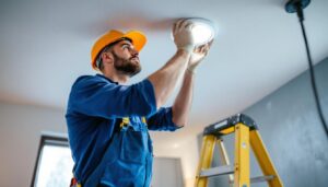 A photograph of a skilled lighting contractor installing can lights in a drop ceiling