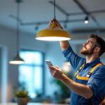 A photograph of a skilled lighting contractor installing a sleek hanging led fixture in a modern interior space