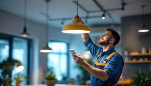 A photograph of a skilled lighting contractor installing a sleek hanging led fixture in a modern interior space