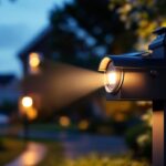 A photograph of a beautifully illuminated mailbox post at dusk