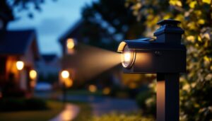 A photograph of a beautifully illuminated mailbox post at dusk