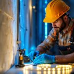 A photograph of a lighting contractor working with vibrant led strip lights in a well-lit space