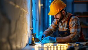 A photograph of a lighting contractor working with vibrant led strip lights in a well-lit space