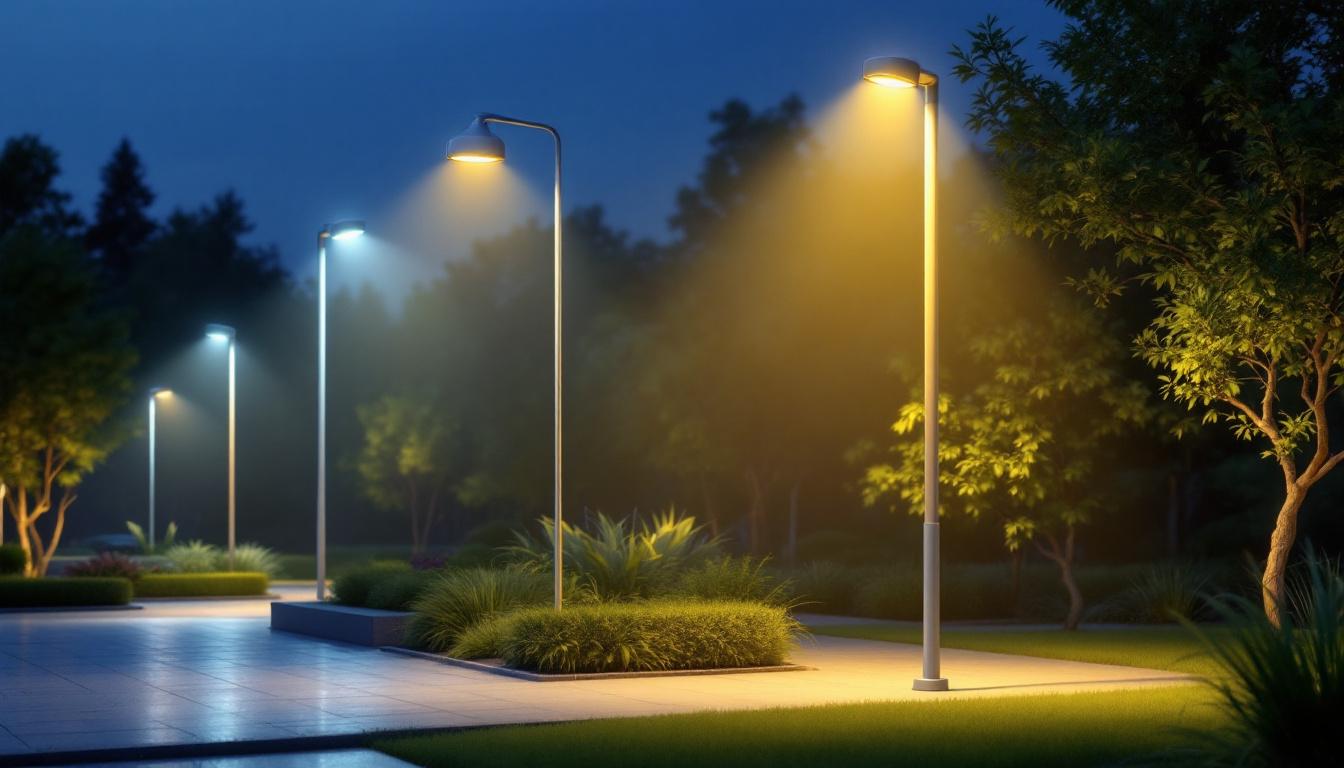 A photograph of a well-lit outdoor scene showcasing various styles of light poles in a landscaped area