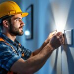 A photograph of a lighting contractor expertly installing or inspecting various house outlets