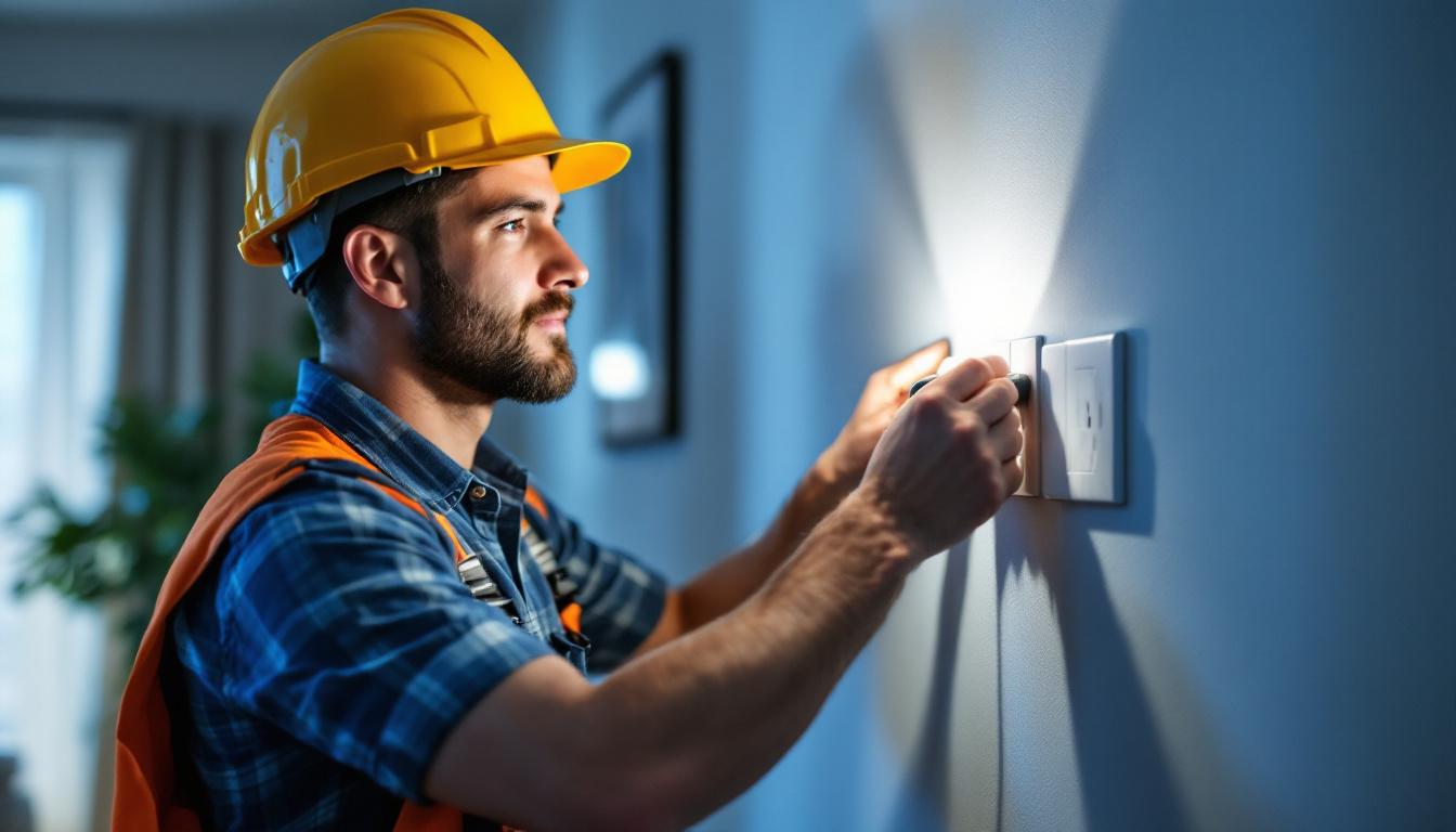 A photograph of a lighting contractor expertly installing or inspecting various house outlets