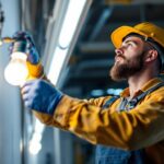 A photograph of a lighting contractor expertly installing a fluorescent bulb in a modern setting