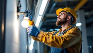 A photograph of a lighting contractor expertly installing a fluorescent bulb in a modern setting
