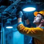 A photograph of a lighting contractor installing vapor-resistant lighting fixtures in a humid environment