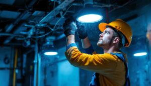 A photograph of a lighting contractor installing vapor-resistant lighting fixtures in a humid environment