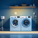 A photograph of a well-lit laundry room featuring a modern washer and dryer setup