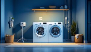 A photograph of a well-lit laundry room featuring a modern washer and dryer setup