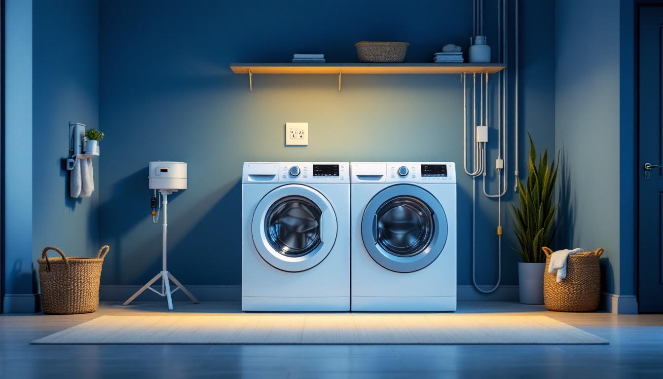 A photograph of a well-lit laundry room featuring a modern washer and dryer setup