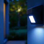 A photograph of a modern motion sensor light fixture installed in an outdoor setting