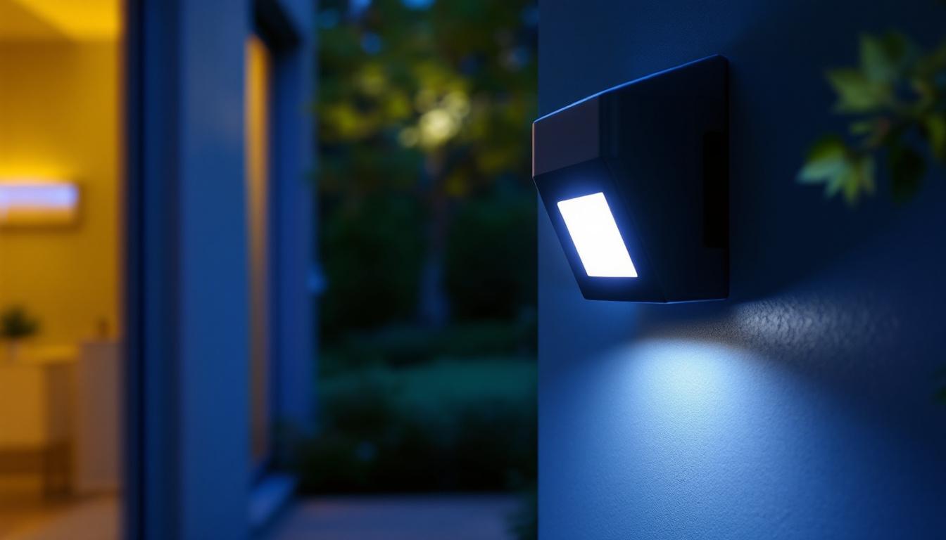 A photograph of a modern motion sensor light fixture installed in an outdoor setting