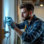 A photograph of a lighting professional installing or adjusting a leviton occupancy sensor in a well-lit space