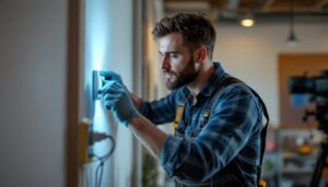 A photograph of a lighting professional installing or adjusting a leviton occupancy sensor in a well-lit space