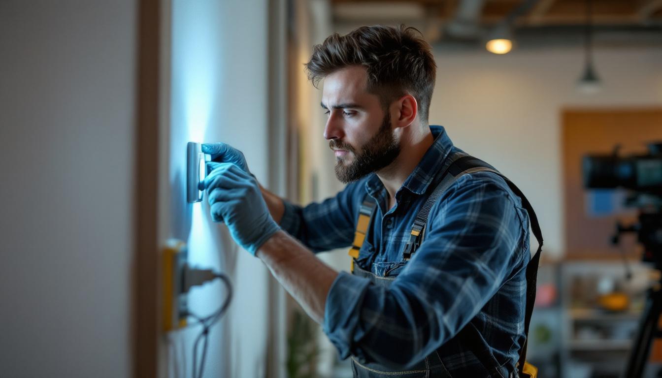 A photograph of a lighting professional installing or adjusting a leviton occupancy sensor in a well-lit space