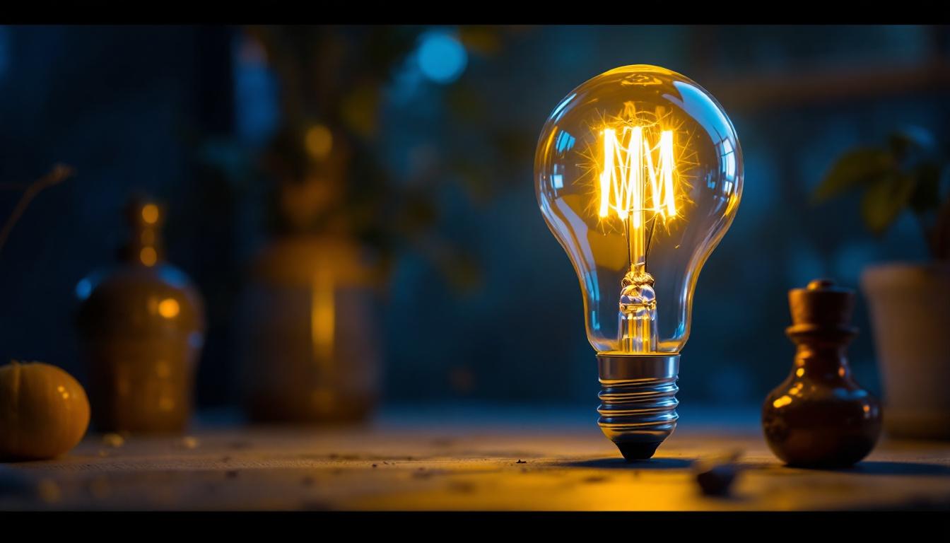 A photograph of a type t bulb illuminated in a stylish setting