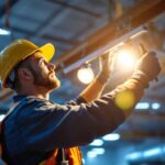 A photograph of a lighting contractor installing or inspecting low bay led lights in a commercial space