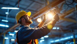 A photograph of a lighting contractor installing or inspecting low bay led lights in a commercial space