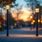 A photograph of capture a photograph of a well-lit outdoor space featuring various bollard fixtures in use