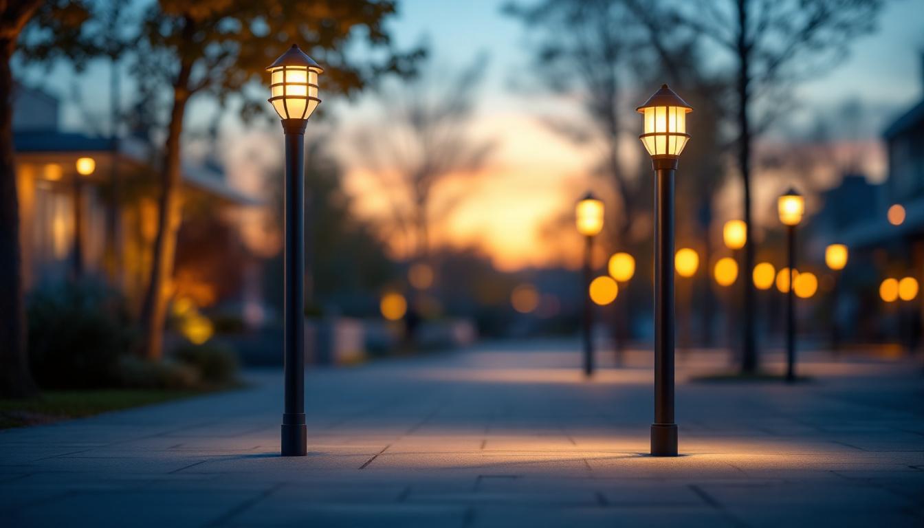 A photograph of capture a photograph of a well-lit outdoor space featuring various bollard fixtures in use