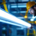 A photograph of a t5 fluorescent bulb in a well-lit workspace