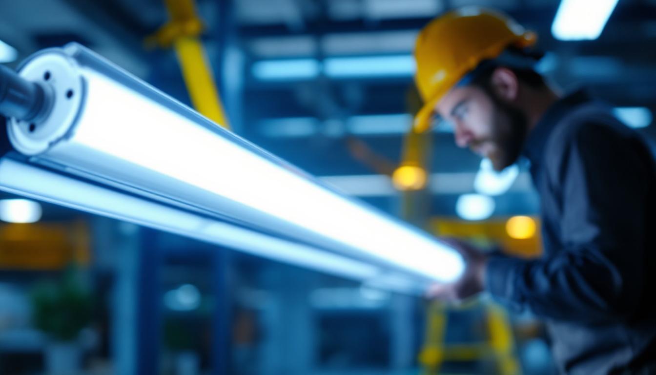A photograph of a t5 fluorescent bulb in a well-lit workspace
