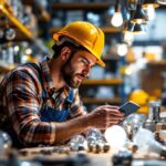 A photograph of a lighting contractor examining a variety of light bulbs in a well-organized supply room