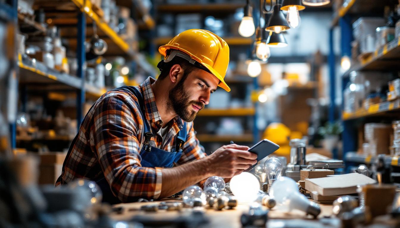 A photograph of a lighting contractor examining a variety of light bulbs in a well-organized supply room