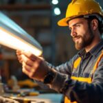 A photograph of a lighting contractor installing or demonstrating t5 led lights in a professional setting