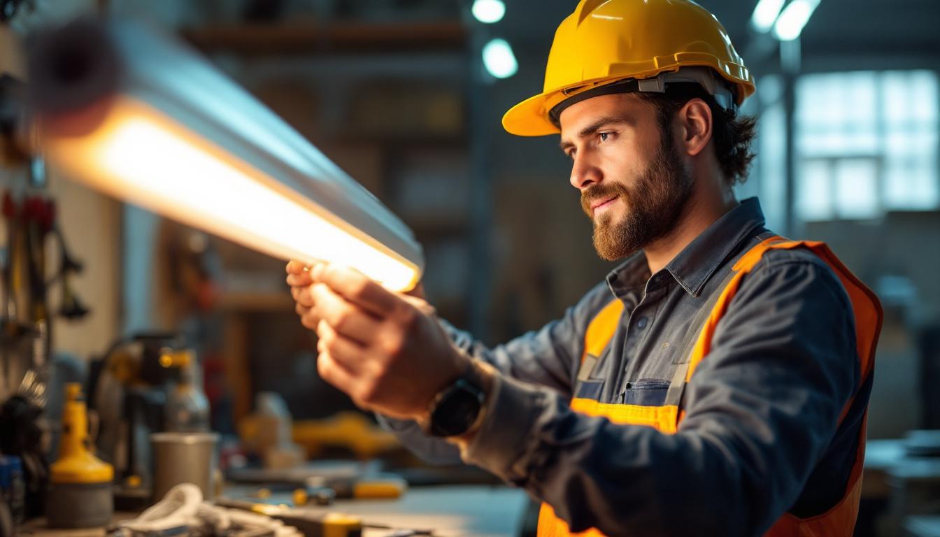 A photograph of a lighting contractor installing or demonstrating t5 led lights in a professional setting