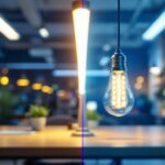 A photograph of a side-by-side comparison of a fluorescent tube and an led bulb installation in a modern workspace