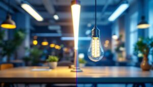 A photograph of a side-by-side comparison of a fluorescent tube and an led bulb installation in a modern workspace