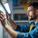 A photograph of a lighting contractor expertly installing a magnetic led retrofit kit in a commercial space