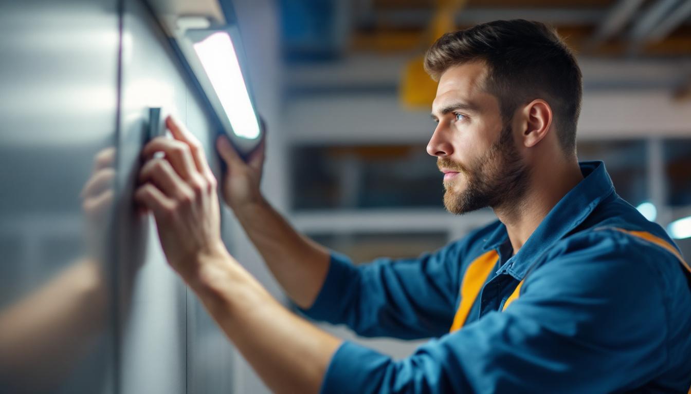 A photograph of a lighting contractor expertly installing a magnetic led retrofit kit in a commercial space