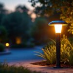A photograph of capture a photograph of a beautifully illuminated solar post top light installed in a landscaped outdoor setting during twilight