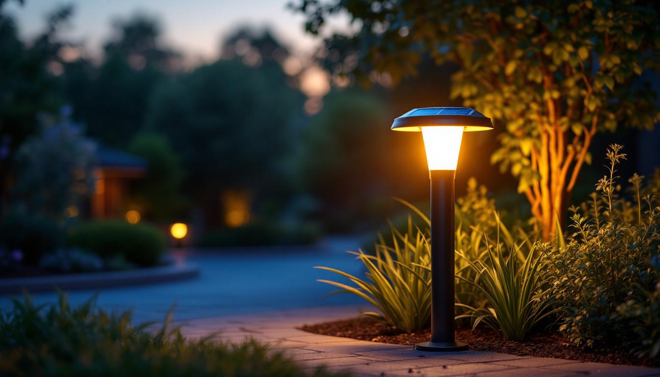 A photograph of capture a photograph of a beautifully illuminated solar post top light installed in a landscaped outdoor setting during twilight