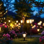 A photograph of a beautifully illuminated garden at dusk