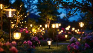 A photograph of a beautifully illuminated garden at dusk